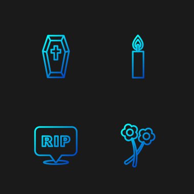 Flower 'ı ayarlayın, konuşma baloncuğu ölümü parçalayın, haçlı tabut ve yanan mum. Renk simgeleri. Vektör