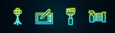Satır Softbox ışığı, grafiksel tablet, aksiyon kamerası ve fotoğraf makinesi ayarlayın. Parlayan neon ikonu. Vektör
