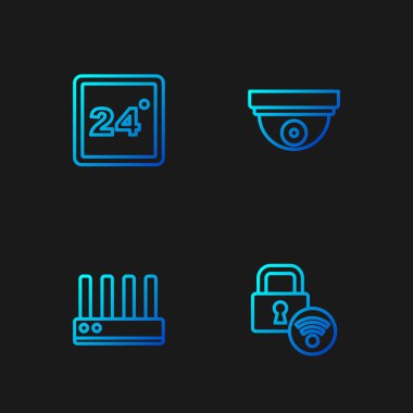 Dijital kapı kilidini, Router ve wi-fi sinyalini, termostat ve hareket sensörünü ayarla. Renk simgeleri. Vektör