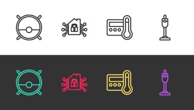 Robot elektrik süpürgesi, akıllı ev, termostat ve süpürgeyi siyah ve beyaza ayarla. Vektör