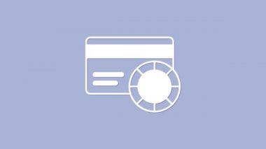 Mor arkaplanda beyaz kredi kartı simgesi izole edildi. Çevrimiçi ödeme. Nakit çekilmesi. Finansal operasyonlar. Alışveriş tabelası. 4K Video hareketli grafik canlandırması