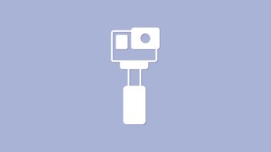 Beyaz Eylem ekstrem kamera simgesi mor arkaplanda izole edildi. Ekstrem sporları çekmek için video kamera ekipmanı. 4K Video hareketli grafik canlandırması