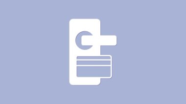 Mor arkaplanda izole edilmiş ikonu açmak için kablosuz teknolojiye sahip beyaz dijital kapı kilidi. Kapı kolu tabelası. Güvenlik akıllı ev. 4K Video hareketli grafik canlandırması