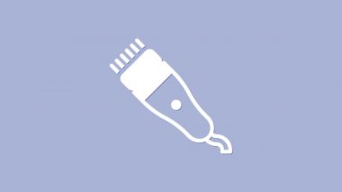 Mor arka planda beyaz elektrikli saç kırpma makinesi ya da traş ikonu var. Berber dükkanı sembolü. 4K Video hareketli grafik canlandırması