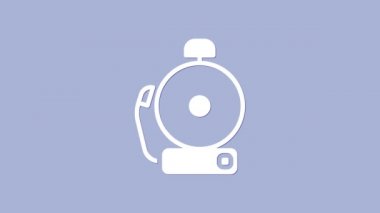 Mor arkaplanda beyaz zil simgesi izole edildi. Alarm sembolü, servis zili, el zili işareti, uyarı sembolü. 4K Video hareketli grafik canlandırması