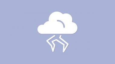 Beyaz Fırtına simgesi mor arkaplanda izole edildi. Bulut ve şimşek işareti. Fırtınanın hava durumu ikonu. 4K Video hareketli grafik canlandırması