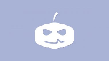 Beyaz Balkabağı simgesi mor arkaplanda izole edilmiş. Mutlu Cadılar Bayramı Partisi. 4K Video hareketli grafik canlandırması