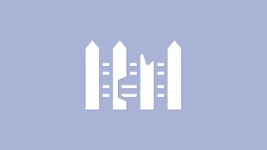 Beyaz Bahçe çiti ahşap ikonu, mor arka planda izole edilmiş. 4K Video hareketli grafik canlandırması