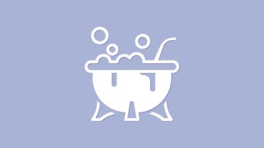 Beyaz Cadılar Bayramı cadı kazan ikonu mor arka planda izole. Mutlu Cadılar Bayramı Partisi. 4K Video hareketli grafik canlandırması