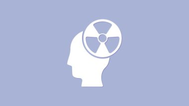 İnsan kafasının beyaz silueti ve mor arkaplanda izole edilmiş bir radyasyon sembolü. 4K Video hareketli grafik canlandırması