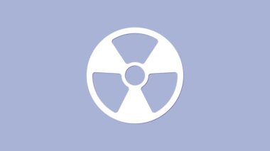 Mor arkaplanda izole edilmiş beyaz radyoaktif simge. Radyoaktif zehirli sembol. Radyasyon tehlikesi işareti. 4K Video hareketli grafik canlandırması