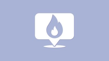 Mor zemin üzerinde ateş alev ikonu olan beyaz harita işaretçisi. Yakında yangın var. 4K Video hareketli grafik canlandırması