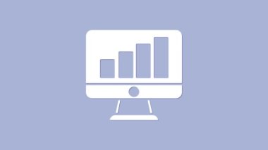 Mor arkaplanda grafik çizelgesi simgesi olan beyaz bilgisayar monitörü. Metin dosyasını rapor et. Muhasebe tabelası. Denetim, analiz, planlama. 4K Video hareketli grafik canlandırması