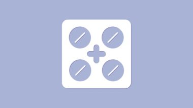 Beyaz haplar mor arka planda izole edilmiş su toplayıcı ikonunda. İlaç paketi. Tablet, vitamin, antibiyotik, aspirin. 4K Video hareketli grafik canlandırması