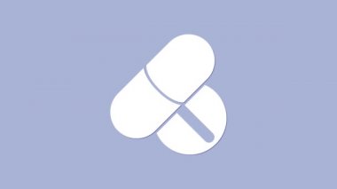 Mor arka planda izole edilmiş beyaz ilaç veya tablet ikonu. Kapsül hapı ve uyuşturucu işareti. Eczane tasarımı. 4K Video hareketli grafik canlandırması