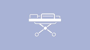 Mor arkaplanda beyaz sedye simgesi izole edildi. Hastanenin tıbbi sedyesi. 4K Video hareketli grafik canlandırması