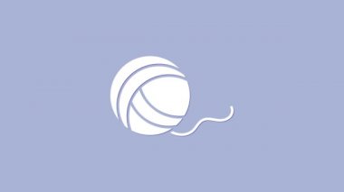 Mor arkaplanda beyaz iplik topu simgesi izole edildi. El yapımı, örgü ya da terzi için etiket. 4K Video hareketli grafik canlandırması