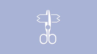 Beyaz Makas simgesi mor arkaplanda izole edildi. Terzi sembolü. Alet kesme işareti. 4K Video hareketli grafik canlandırması