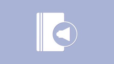 Beyaz Ses kitabı simgesi mor arkaplanda izole edildi. Kulaklıklı kitap. Ses rehberi işareti. Çevrimiçi öğrenme kavramı. 4K Video hareketli grafik canlandırması