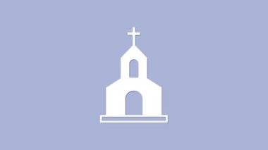 Beyaz Kilise binası ikonu, mor arka planda izole edilmiş. Hıristiyan Kilisesi. Kilisenin dini. 4K Video hareketli grafik canlandırması