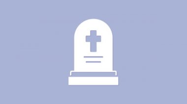 Mor arka planda izole edilmiş mezar taşı simgesi olan beyaz mezar. 4K Video hareketli grafik canlandırması