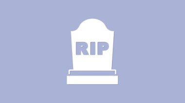 Üzerinde RIP yazılı Beyaz Tombstone simgesi mor arkaplanda izole edilmiş. Mezar ikonu. 4K Video hareketli grafik canlandırması