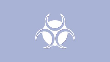 Beyaz Biyolojik Tehlike sembolü mor arkaplanda izole edilmiş. 4K Video hareketli grafik canlandırması