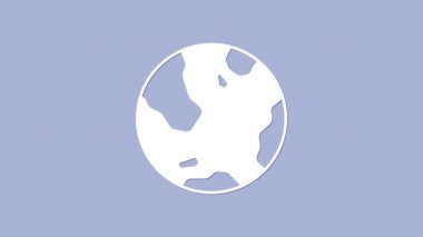 Beyaz Dünya küre simgesi mor arkaplanda izole edilmiş. Dünya ya da Dünya işareti. Küresel internet sembolü. Geometrik şekiller. 4K Video hareketli grafik canlandırması