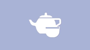 Geleneksel beyaz Çin çay seremonisi ikonu mor arka planda izole edilmiş. Fincanlı çaydanlık. 4K Video hareketli grafik canlandırması