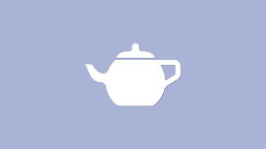 Geleneksel beyaz Çin çay seremonisi ikonu mor arka planda izole edilmiş. Fincanlı çaydanlık. 4K Video hareketli grafik canlandırması