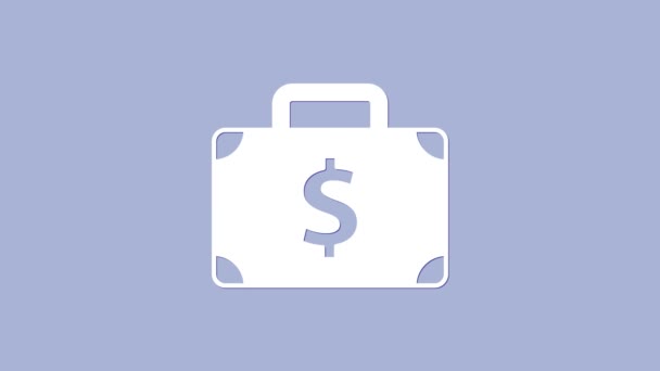 White Briefcase and money icon isolated on purple background. Business case sign. Business portfolio. 4K Video motion graphic animation — Stock Video