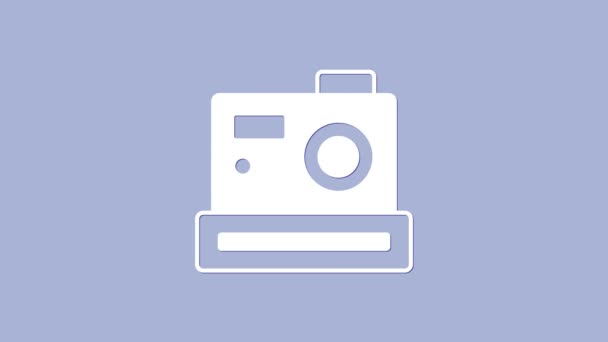 Εικόνα λευκής φωτογραφικής μηχανής που απομονώνεται σε μωβ φόντο. Φωτογραφία κάμερα. Ψηφιακή φωτογραφία. 4K Γραφική κίνηση κίνησης βίντεο — Αρχείο Βίντεο