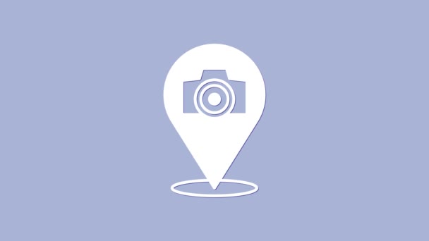 흰색 카메라 아이콘은 보라색 배경에 분리되어 있다. Foto 카메라. 디지털 사진. 4K 비디오 모션 그래픽 애니메이션 — 비디오