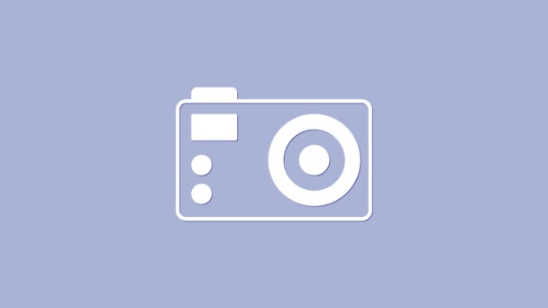 White Photo camera icon isolated on purple background. Foto camera. Digital photography. 4K Video motion graphic animation — Stock Video