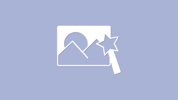Mor arkaplanda izole edilmiş beyaz fotoğraf rötuşlama simgesi. Fotoğrafçı, fotoğrafçılık, rötuş ikonu. 4K Video hareketli grafik canlandırması — Stok video