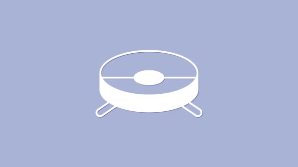 Icono de aspiradora Robot blanco aislado sobre fondo púrpura. Electrodomésticos inteligentes para la aspiración automática, dispositivo digital para la limpieza de la casa. Animación gráfica de vídeo 4K — Vídeos de Stock