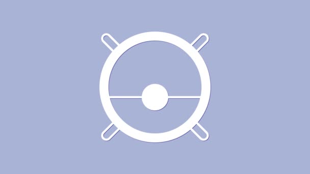 Icono de aspiradora Robot blanco aislado sobre fondo púrpura. Electrodomésticos inteligentes para la aspiración automática, dispositivo digital para la limpieza de la casa. Animación gráfica de vídeo 4K — Vídeo de stock