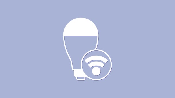 Ícone de sistema de lâmpada inteligente branco isolado no fundo roxo. Símbolo de energia e ideia. Internet das coisas conceito com conexão sem fio. Animação gráfica em movimento de vídeo 4K — Vídeo de Stock