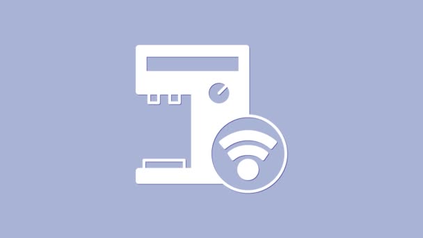 Biały Smart ikona systemu ekspres do kawy izolowane na fioletowym tle. Internet rzeczy koncepcja z bezprzewodowym połączeniem. 4K Animacja graficzna ruchu wideo — Wideo stockowe