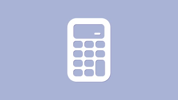 Witte Calculator pictogram geïsoleerd op paarse achtergrond. Boekhoudkundig symbool. Bedrijfsberekeningen wiskunde onderwijs en financiën. 4K Video motion grafische animatie — Stockvideo