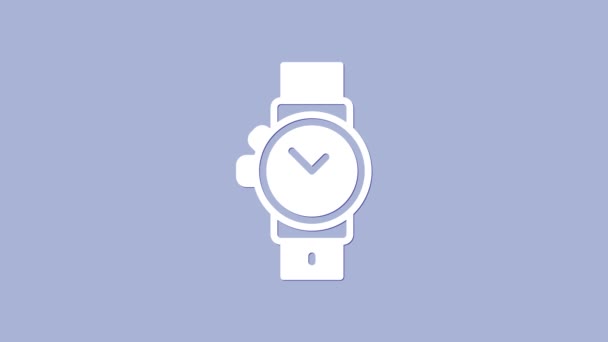 Иконка часов белого запястья выделена на фиолетовом фоне. Иконка наручных часов. Видеографическая анимация 4K — стоковое видео
