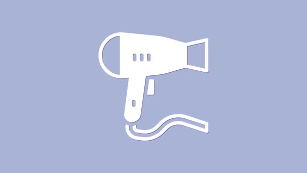 White Hair dryer icon isolated on purple background. Hairdryer sign. Hair drying symbol. Blowing hot air. 4K Video motion graphic animation — Stock Video