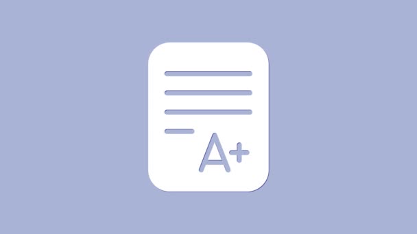 Vit Tentamen ark med A plus betyg ikon isolerad på lila bakgrund. Testpapper, examen eller enkätkoncept. Skolprov eller prov. 4K Video motion grafisk animation — Stockvideo
