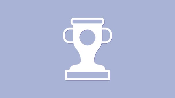 紫色の背景に分離されたホワイトアワードカップアイコン。優勝トロフィーのシンボル。選手権や大会トロフィー。スポーツの達成記号。4Kビデオモーショングラフィックアニメーション — ストック動画