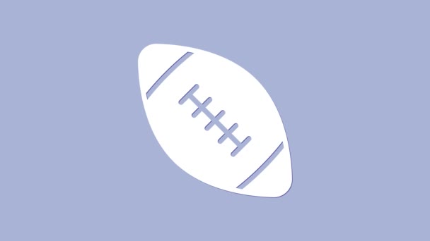 Ícone de bola de futebol americano branco isolado no fundo roxo. Ícone de bola de rugby. Símbolo de jogo de desporto de equipa. Animação gráfica em movimento de vídeo 4K — Vídeo de Stock