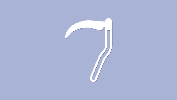 Biała ikona kosy odizolowana na fioletowym tle. Wesołego Halloween. 4K Animacja graficzna ruchu wideo — Wideo stockowe