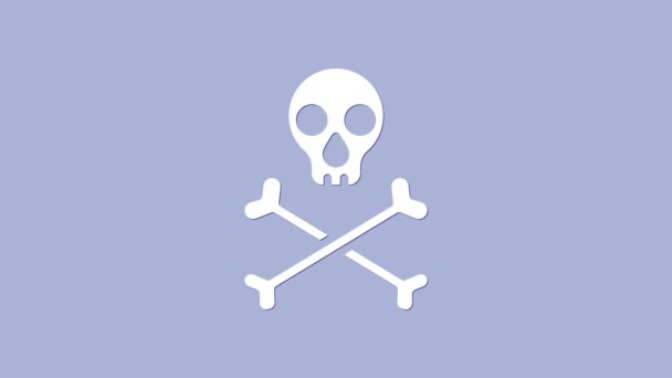 Weißer Totenkopf auf Kreuzknochen-Symbol isoliert auf violettem Hintergrund. Frohe Halloween-Party. 4K Video Motion Grafik Animation — Stockvideo