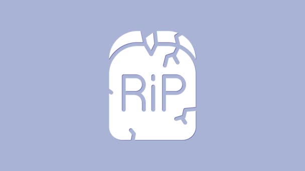 Lápida blanca con RIP escrito en él icono aislado sobre fondo púrpura. Icono de tumba. Feliz fiesta de Halloween. Animación gráfica de vídeo 4K — Vídeos de Stock