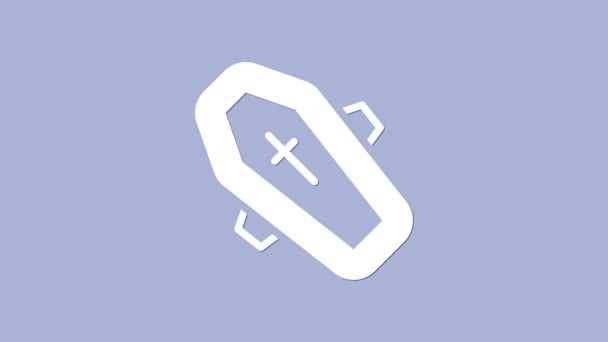 Белый гроб с иконой христианского креста изолирован на фиолетовом фоне. Счастливого Хэллоуина. Видеографическая анимация 4K — стоковое видео