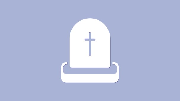 Lápida blanca con RIP escrito en él icono aislado sobre fondo púrpura. Icono de tumba. Feliz fiesta de Halloween. Animación gráfica de vídeo 4K — Vídeo de stock